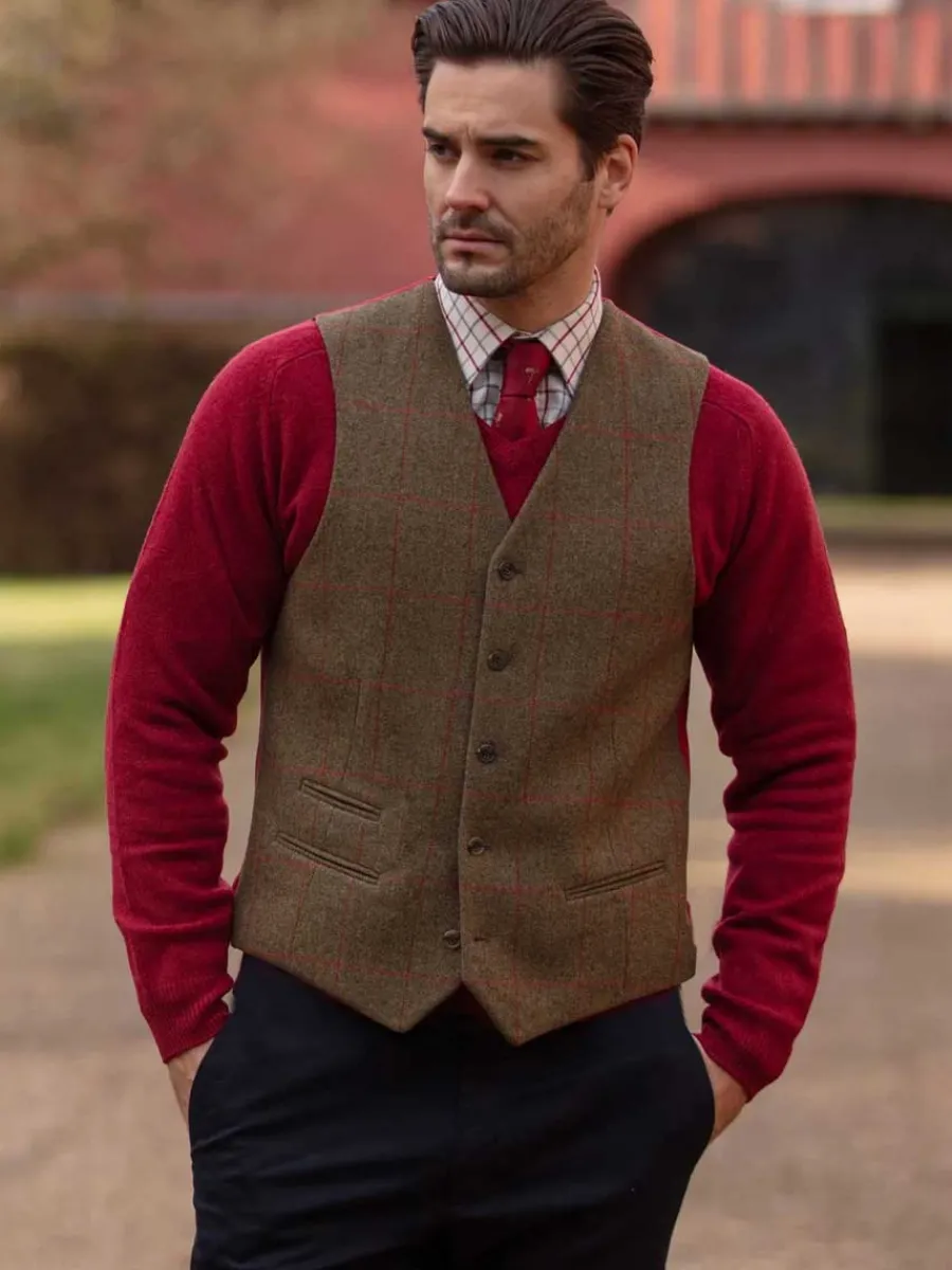 alan_paine_combrook_mens__2-8.webp Alan Paine Combrook Mens Tweed Lined-Back Waistcoat - Sage